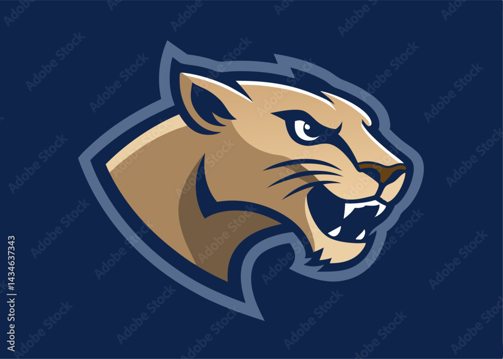 Obraz premium Cougar Head Mascot: A striking cougar head in an aggressive pose, showcasing strength, agility, and determination, rendered in bold, modern graphic design.