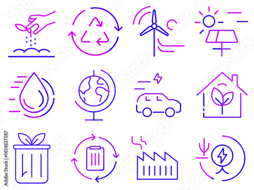 Eco-friendly icons collection depicting sustainability and environmental protection in purple and pink colors