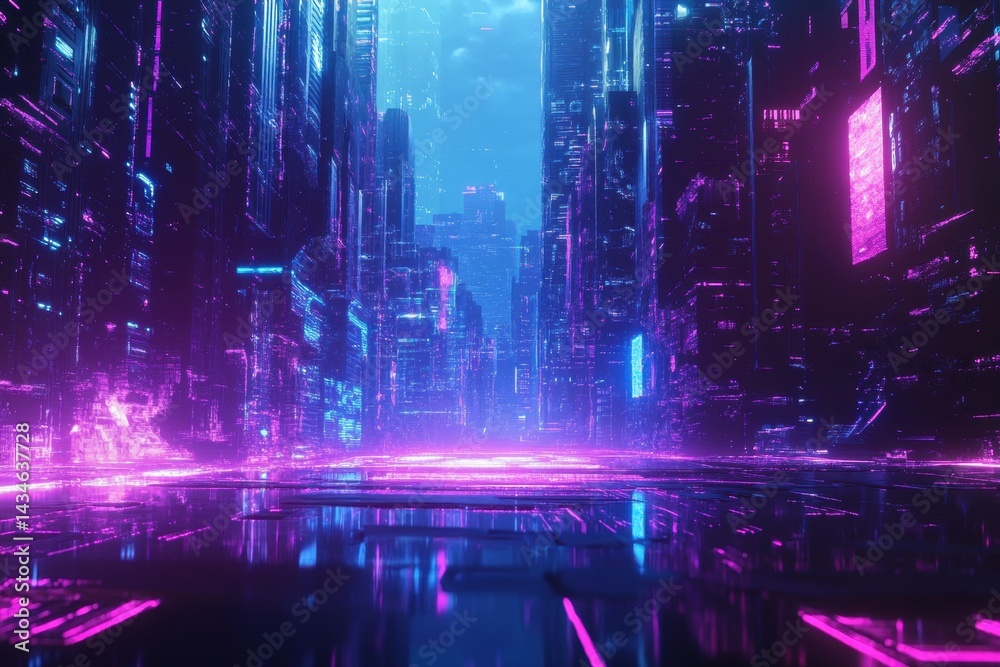 Obraz premium Futuristic city street bathed in vibrant neon lights.