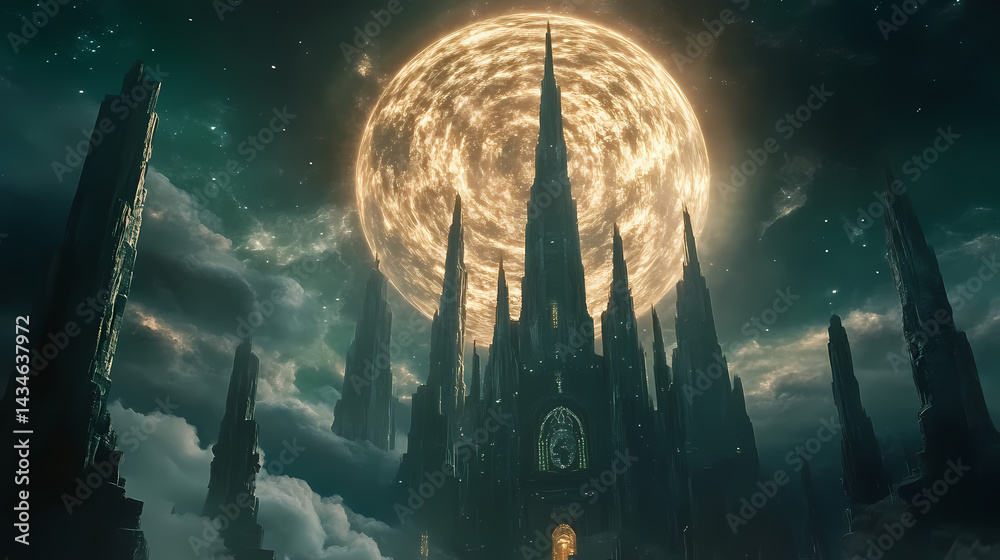 Moonlit metropolis of ancient magic, with crumbling spires and mystical runes, surrounded by a swirling vortex of stardust and ethereal celestial energy. Oracle Spire. Illustration Moonlit metropolis of ancient magic, with crumbling spires and mystical runes, surrounded by a swirling vortex of stardust and ethereal celestial energy. Oracle Spire. Illustration