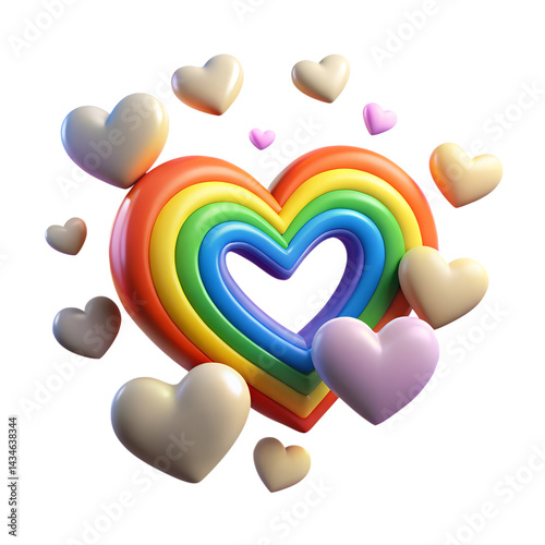 3D rainbow heart with flying pastel hearts