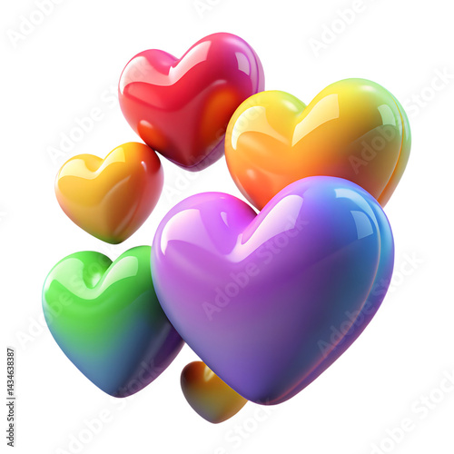 Glossy rainbow hearts group in 3D style
