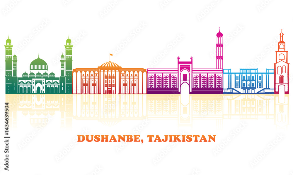 Colourfull Skyline panorama of city of Dushanbe, Tajikistan - vector illustration