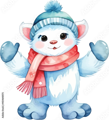 Cute Winter Animal Character Whimsical Watercolor Illustration For Vector Childrens Decor Holiday Greeting Cards