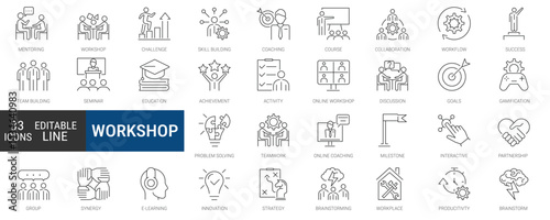 Workshop icons set, editable line icon pack. teamwork, collaboration, coaching, problem-solving, productivity symbols. simple vector collection.