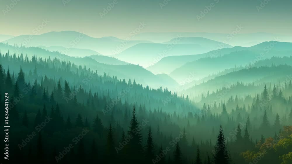 Scenic mountain range view with coniferous forest in hazy teal light, nature scene, beautiful landscape with layers of mountains and trees