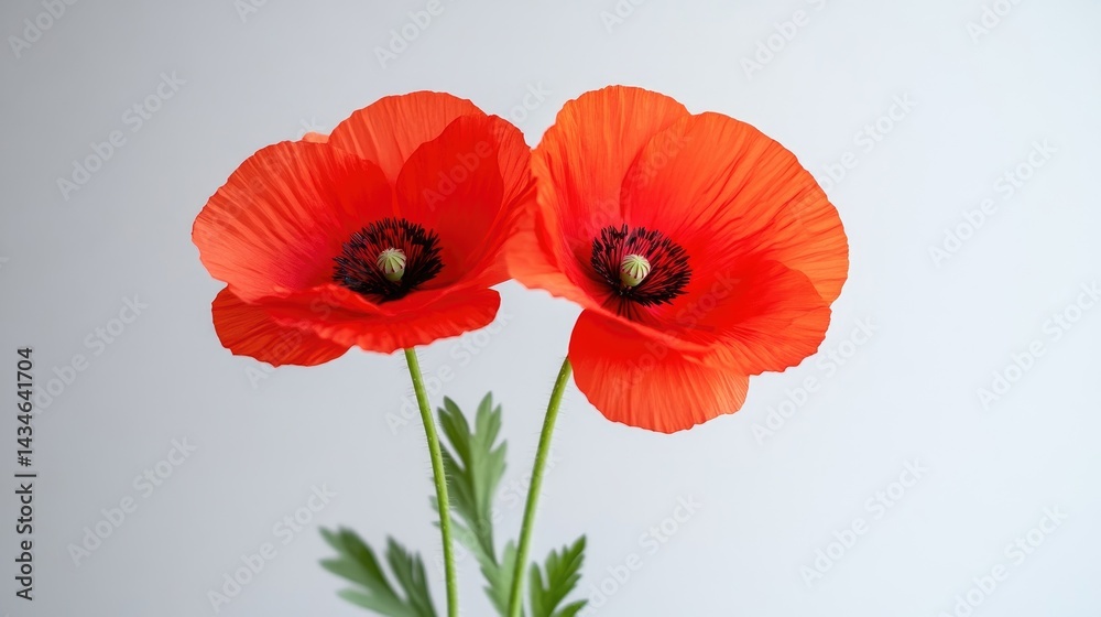 Fototapeta premium Two vibrant red poppies in full bloom standing side by side against a soft white background, close-up nature composition, and delicate and elegant floral arrangement.