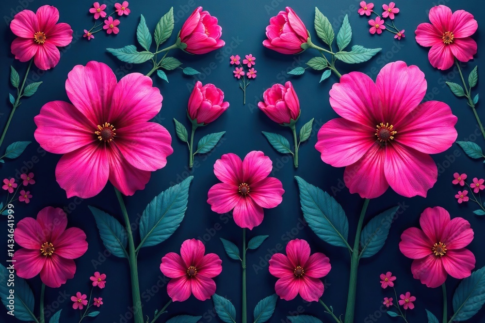 Bold fuchsia flowers, stylized repeating motif, element, stylish Bold fuchsia flowers, stylized repeating motif, element, stylish