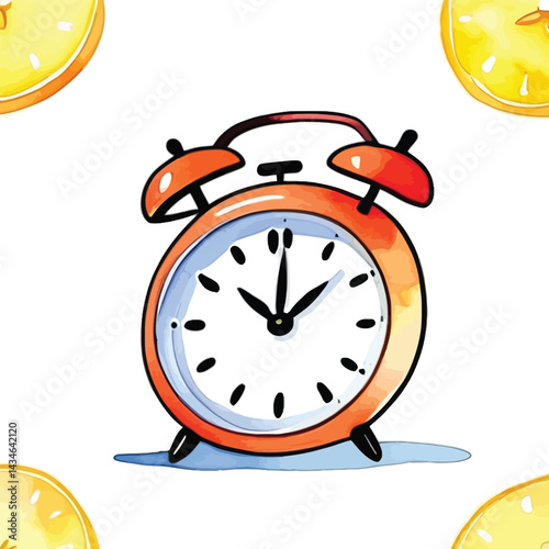 Whimsical Orange Alarm Clock With Lemon Slices Watercolor Illustration For Vector Art Educational Resources And Creative Designs