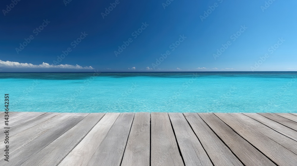Fototapeta premium Tranquil ocean view from a wooden pier. Azure water meets a cloudless sky. Peaceful, summery scene