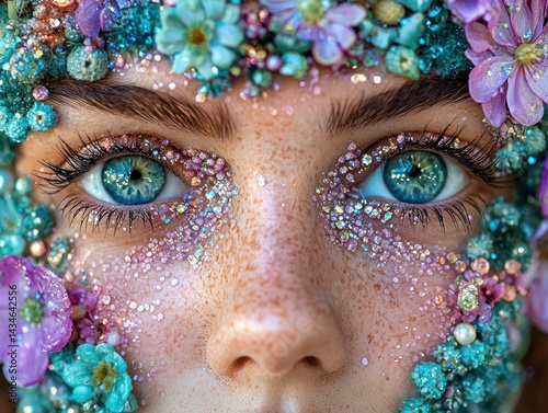 Close-up of a face adorned with colorful flowers and glitter, showcasing bright blue eyes and freckles