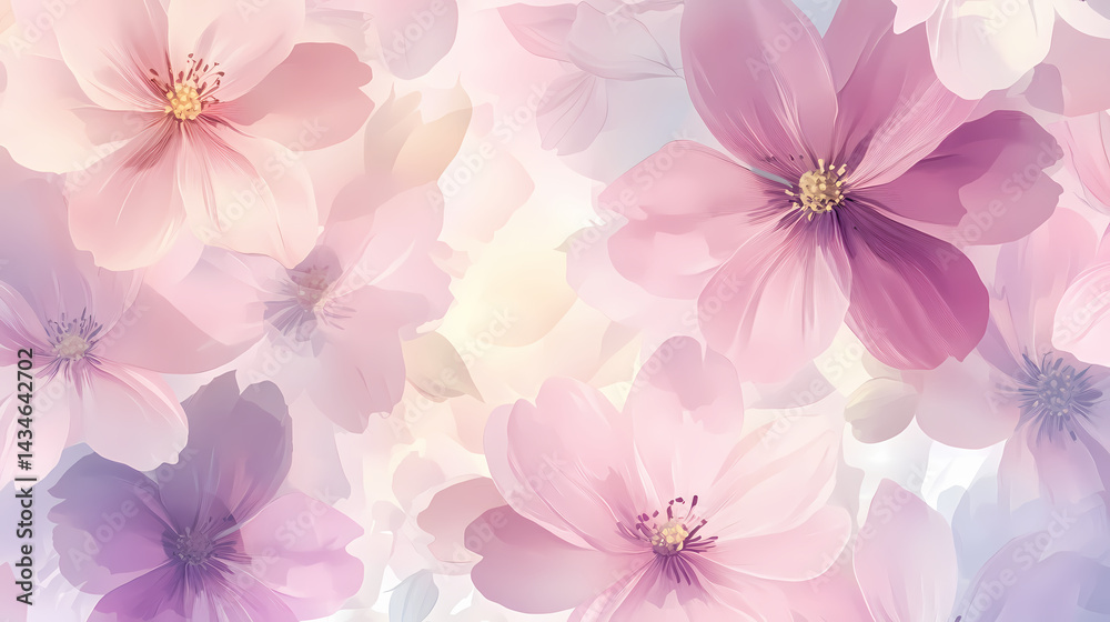 Soft pink and purple cosmos flowers create a beautiful, delicate floral wallpaper; a pastel dream of blooming blossoms. Dream Bloom. Illustration Soft pink and purple cosmos flowers create a beautiful, delicate floral wallpaper; a pastel dream of blooming blossoms. Dream Bloom. Illustration