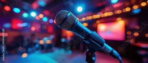Close-up of a microphone on a stand in a dimly lit venue with colorful lights and a blurred background.  The stage is visible, suggesting a performance