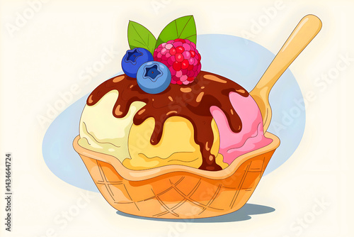 A waffle cup filled with ice cream, chocolate syrup, and berries. Illustration of a Sweet Frozen Dessert.