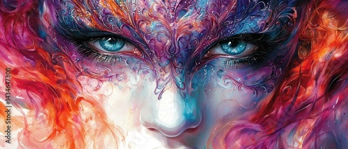 Close-up of a vibrant, fantasy-style portrait, featuring a woman's face adorned with ornate, colorful swirls around the eyes.  The colors are intense and blend seamlessly
