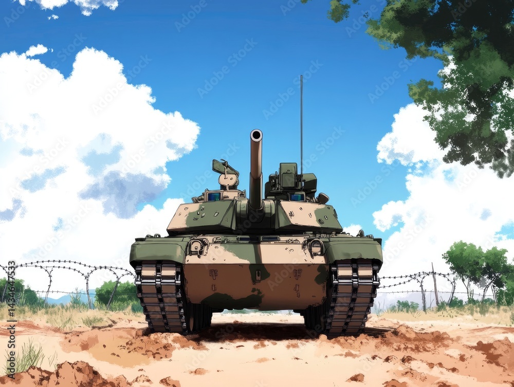 Fototapeta premium Tank on Dirt Road, Sunny Landscape