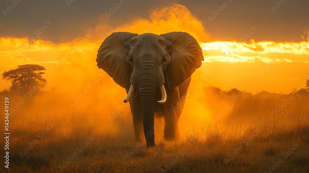 Obraz premium Powerful African elephant standing in the golden savanna at sunset massive tusks gleaming textured skin details dramatic lighting dust rising around its feet ultra HD wildlife photography style