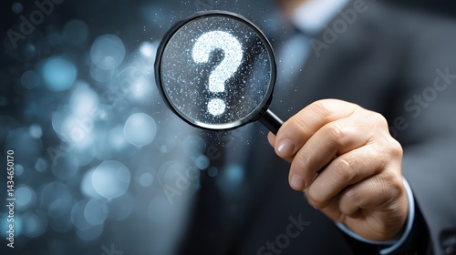 Question Mark Under Scrutiny: A close-up captures a hand holding a magnifying glass focused on a large question mark, conveying an atmosphere of inquiry and investigation.