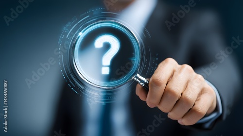 Magnifying Glass Question Mark: A person's hand holds a magnifying glass focusing on a large question mark, symbolizing inquiry, investigation, and the pursuit of knowledge.