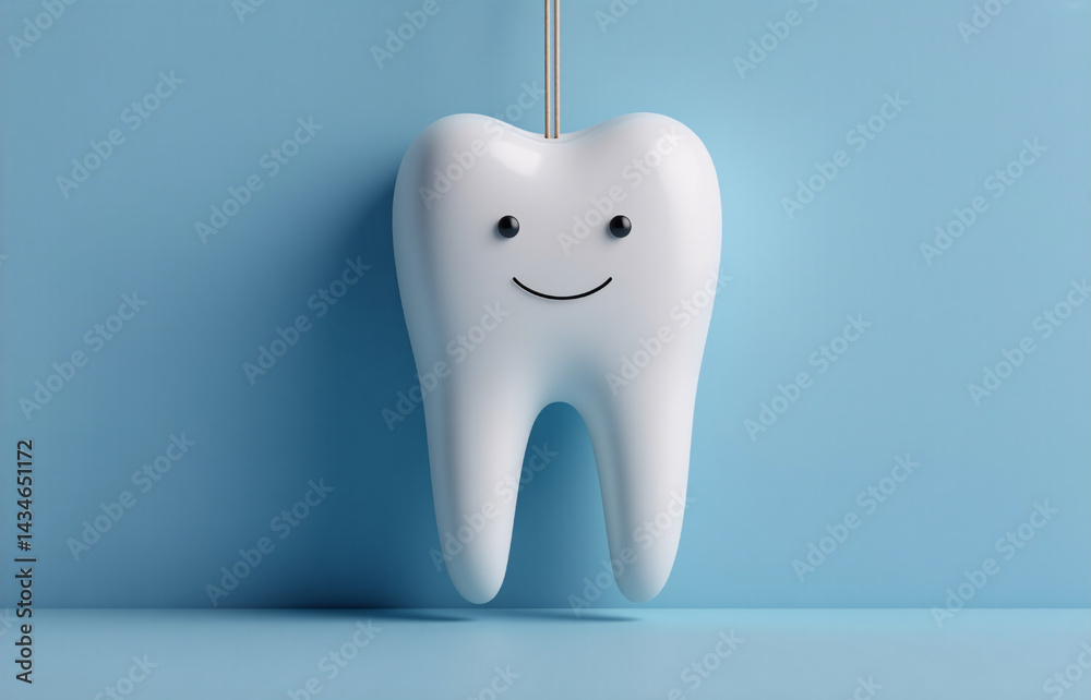 A smiling cartoon tooth hangs from a string against a light blue background. It's a simple, cheerful image promoting dental health. A smiling cartoon tooth hangs from a string against a light blue background. It's a simple, cheerful image promoting dental health.