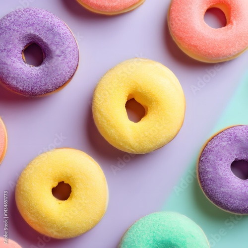 Colorful Donuts: An assortment of freshly baked donuts in a mesmerizing array of vibrant colors, inviting to taste and pleasure.
