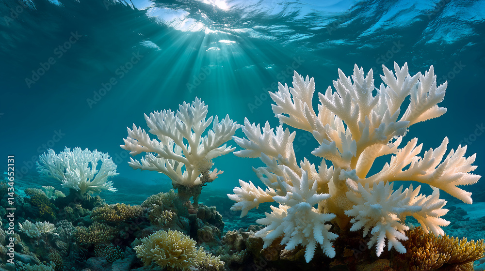 Underwater view of bright white corals illuminated by sunbeams filtering through ocean water, showcasing beauty and fragility of marine ecosystems. Underwater view of bright white corals illuminated by sunbeams filtering through ocean water, showcasing beauty and fragility of marine ecosystems.