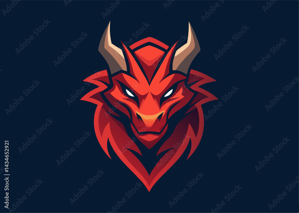 Obraz premium Crimson Dragon Emblem: A striking red dragon emblem, its sharp gaze and menacing horns capturing the raw power and mystique of the mythical beast against a deep blue background.