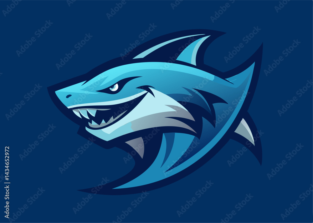 Obraz premium Ferocious Apex Predator: A formidable shark with a menacing grin, a symbol of dominance, set against an aquatic blue canvas. This image embodies the raw power and predatory instinct.
