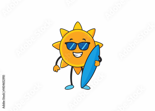 Sunny Surfer's Vibe: An anthropomorphic sun character, donned with stylish sunglasses, radiates joyful energy as it confidently holds a surfboard, ready to embrace the excitement of the waves.