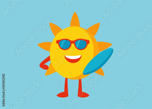 Sunny Surfer's Day: A cheerful cartoon sun, radiating warmth and positivity, embraces the summer spirit with sunglasses and a surfboard, perfect for projects related to joy, vacation, and fun.