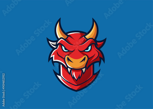 Fiery Dragon Illustration: A majestic red dragon, its fierce gaze and imposing horns radiating strength and power, rendered in vivid illustration form, set against a clean blue background.