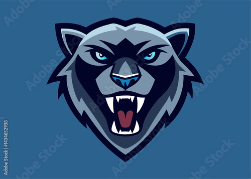 Aggressive  Panther Mascot: A fierce and powerful panther mascot, with sharp teeth and piercing blue eyes, is a graphic representation of strength,  determination and team spirit.
