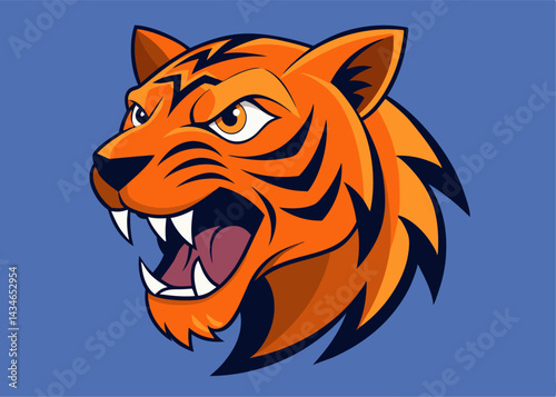 Tiger's Roar in Bold Hues: A fierce and dynamic tiger head illustration showcases the animal's power, with captivating shades against a serene blue backdrop.