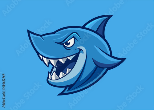 Smiling Shark Mascot: A cartoon shark head with a toothy grin, sharp teeth and mischievous eyes.  Perfect for sports team logos, gaming, and branding.