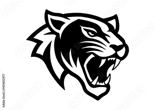 Black and White Tiger Mascot: A fierce and powerful black and white tiger mascot snarls, showcasing its sharp teeth and intensity. The silhouette captures the essence of strength and determination.