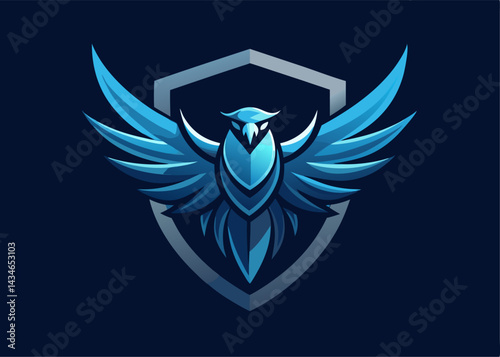 Abstract Eagle Shield Logo: A striking illustration of an eagle in a protective shield, rendered in dynamic shades of blue, symbolizing strength, security, and soaring aspirations.