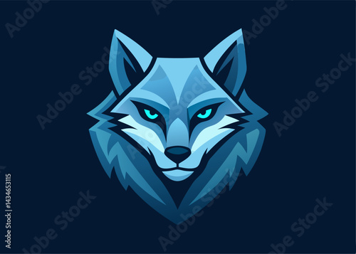 Arctic Wolf Emblem: A stylized emblem of a striking arctic wolf, its piercing blue eyes gleaming with an enigmatic intensity, set against a deep blue backdrop.