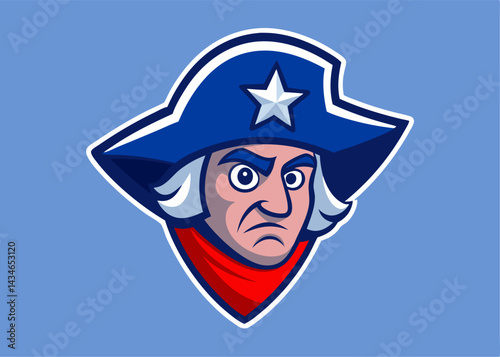 Patriotic Icon: A bold illustration of a distinguished figure wearing a tricorn hat and red neckerchief, set against a pale blue backdrop, evoking a sense of national pride and historic heritage.