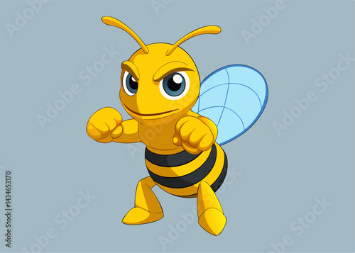 Brave Bee: An energetic cartoon bee is ready for battle, exuding confidence, with a playful edge, standing tall, symbolizing strength and action.