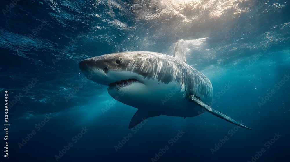 Fototapeta premium Great White Shark Underwater: A powerful great white shark glides gracefully beneath the ocean's surface, its sleek form illuminated by sunlight filtering through the water.