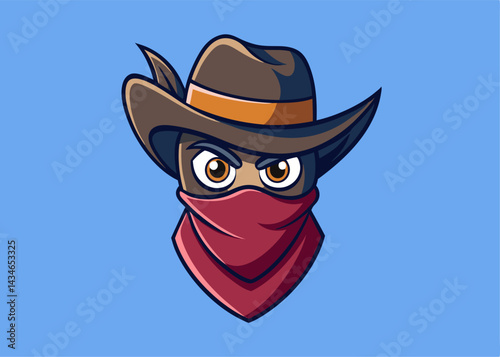Cartoon Bandit Cowboy: A stylized cartoon illustration of a bandit cowboy's face, featuring a brown cowboy hat, intense eyes, and a red bandana.  The illustration is bold.