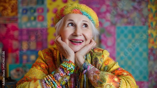 Joyful Expression: Captivating portrait of an elderly woman radiating happiness, adorned in vibrant attire amidst a colorful backdrop, embodying joy and contentment.
