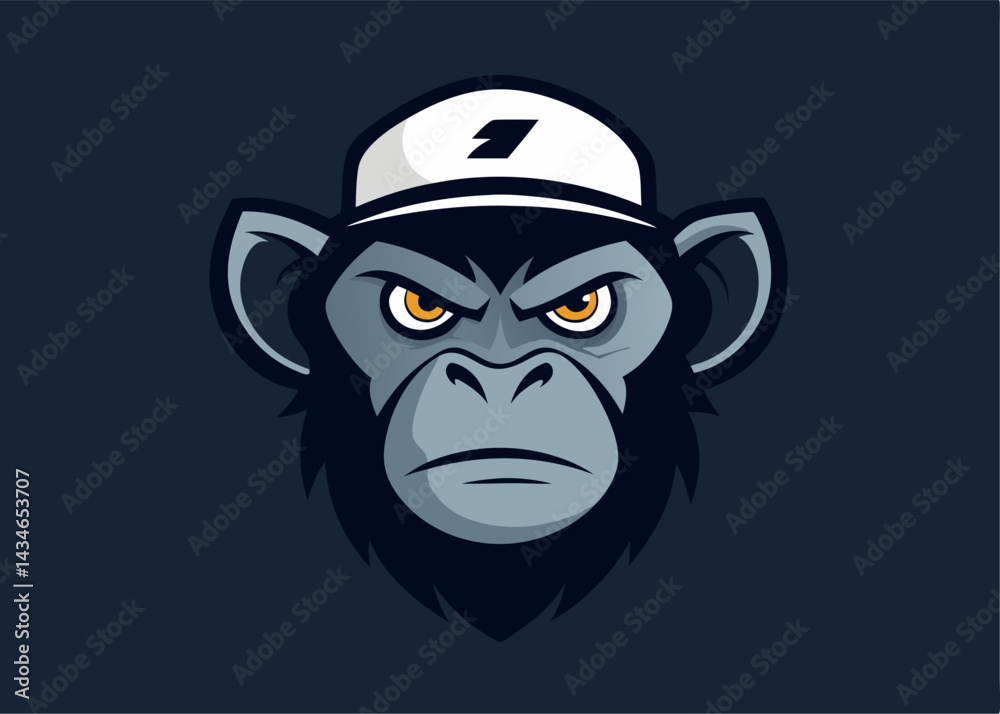 Fototapeta premium Monkey in Hat: A stylized illustration of a monkey sporting a hat, rendered in a bold, cartoonish aesthetic, showcasing its determined expression and focused gaze. 