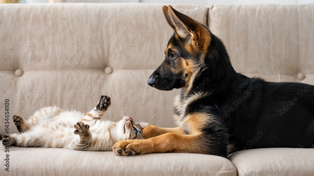 A cheerful dog and a relaxed cat are on a soft couch, engaging in a playful interaction. Sunlight streams through a nearby window, highlighting their bond and carefree spirit.