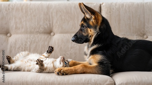 Obraz na płótnie A cheerful dog and a relaxed cat are on a soft couch, engaging in a playful interaction. Sunlight streams through a nearby window, highlighting their bond and carefree spirit. w salonie