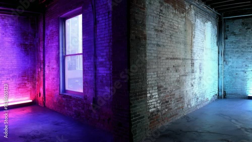 Wallpaper Mural Urban interior with exposed brick walls, concrete floor, window view of buildings, and colorful vibrant neon lighting. Torontodigital.ca