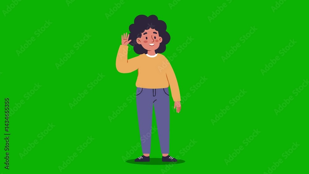 Cartoon latino woman with black hair in orange clothes waving her hand on green screen, isolated on chroma key background Cartoon latino woman with black hair in orange clothes waving her hand on green screen, isolated on chroma key background