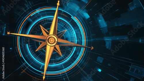 Abstract golden compass rose spinning within a network of glowing blue data circles and fragments on a dark digital background.