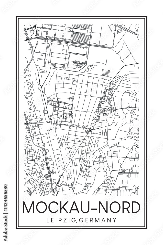 Hand drawn printable downtown road map poster of borough MOCKAU-NORD of the German city of LEIPZIG on solid white background with city name Hand drawn printable downtown road map poster of borough MOCKAU-NORD of the German city of LEIPZIG on solid white background with city name
