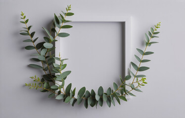 A minimalist image featuring a white frame adorned with eucalyptus branches. The fresh green leaves create a natural, elegant border against the plain white background.